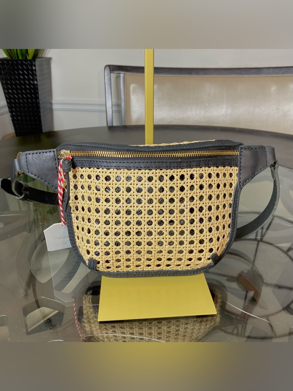 WP Standard Black Leather & Rattan Cane Woven Sling Bag Fanny Pack Crossbody - Picture 2 of 12